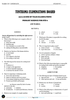 2018 Tunthama Standard 6 Primary Science Past Paper - Preview