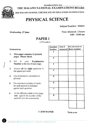 2018 MANEB MSCE Physical Science Paper I Past Paper - Preview