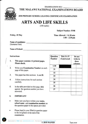 2018 MANEB PSLCE Arts and Life Skills Past Paper - Preview