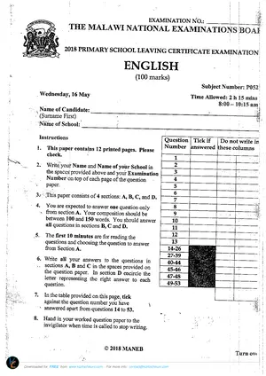 2018 MANEB PSLCE English Past Paper - Preview
