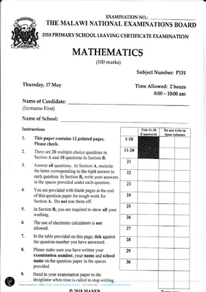 2018 MANEB PSLCE Mathematics Past Paper - Preview