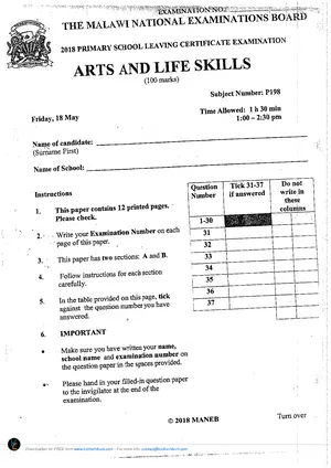 2018 PSLCE Arts and Life Skills MANEB - Preview