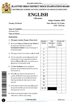 2019 Blantyre Urban PSLCE Standard 8 English Mock - Preview