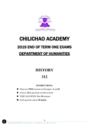 2019 Chilichao Form 3 Term 1 History Question Paper - Preview