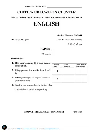 2019 Chitipa Cluster MSCE English Mock Paper II - Preview