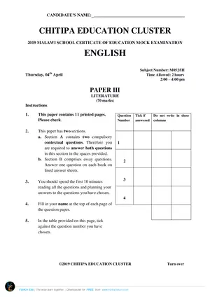 2019 Chitipa Cluster MSCE English Mock Paper III - Preview