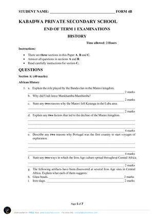 2019 Kabadwa CDSS History Form 4 Term 1 - Preview