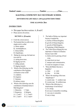 2019 Kaliyeka CDSS Form 1 Term 3 History Question Paper - Preview