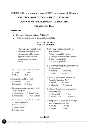2019 Kaliyeka CDSS Form 2 Term 3 History Mock Paper - Preview
