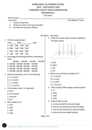 2019 Kambilonjo Standard 5 Term 1 Mathematics Past Paper - Preview