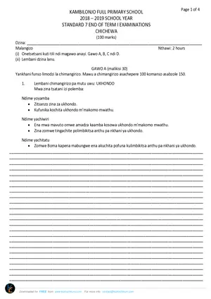 2019 Kambilonjo Standard 7 Term 1 Chichewa Past Paper - Preview