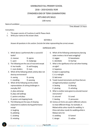 2019 Kambilonjo Standard 8 Term 1 Arts & Life Skills Past Paper - Preview