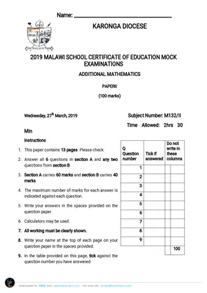 2019 Karonga Diocese Additional Mathematics Paper 2 - Preview