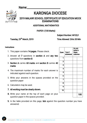 2019 Karonga Diocese MSCE Additional Mathematics Paper I - Preview