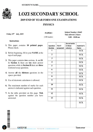 2019 Lozi Secondary School Form 1 Term 3 Physics Question Paper - Preview