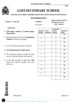 2019 Lozi Secondary School MSCE Mathematics Paper II Mock - Preview