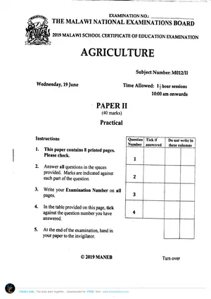 2019 MANEB MSCE Agriculture Paper II Past Paper - Preview