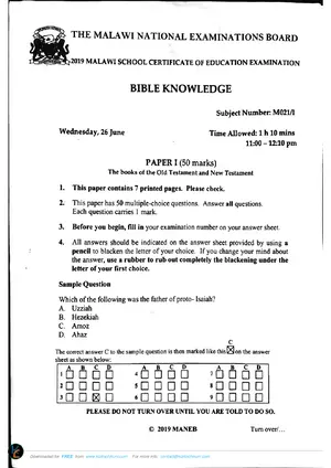 2019 MANEB MSCE Bible Knowledge Paper I - Preview