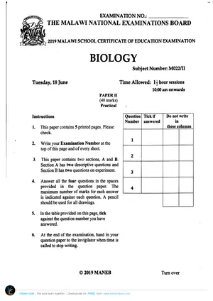 2019 MANEB MSCE Biology Paper II Past Paper - Preview