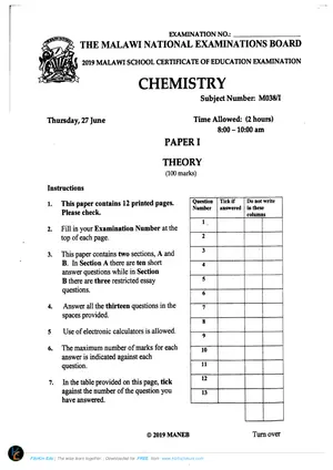 2019 MANEB MSCE Chemistry Paper I Past Paper - Preview