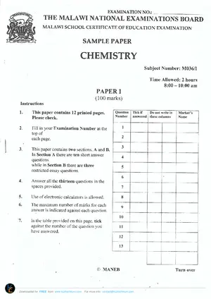 2019 MANEB MSCE Chemistry Paper I Sample - Preview