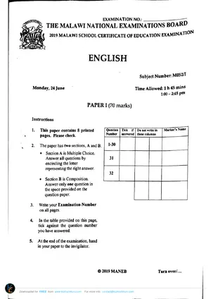 2019 MANEB MSCE English Paper I - Preview