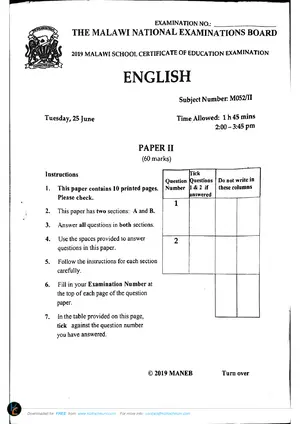 2019 MANEB MSCE English Paper II - Preview