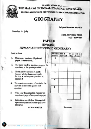 2019 MANEB MSCE Geography Paper II - Preview