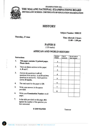 2019 MANEB MSCE History Paper II (African and World History) - Preview