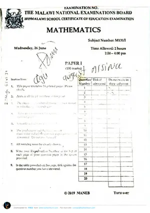 2019 MANEB MSCE Mathematics Paper I - Preview