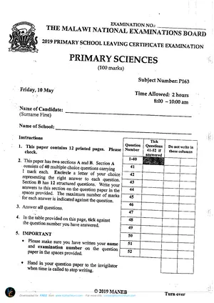 2019 MANEB PSLCE Primary Science - Preview