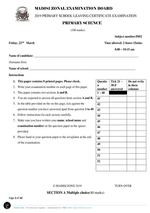 2019 Madisi Mock Std 8 Primary Science - Preview