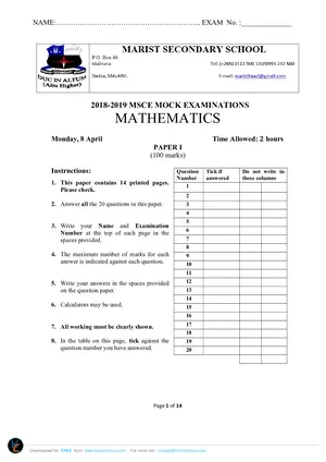 2019 Marist MSCE Mathematics Paper I - Preview