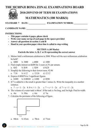 2019 Mchinji Boma Standard 7 Term 3 Mathematics Past Paper - Preview