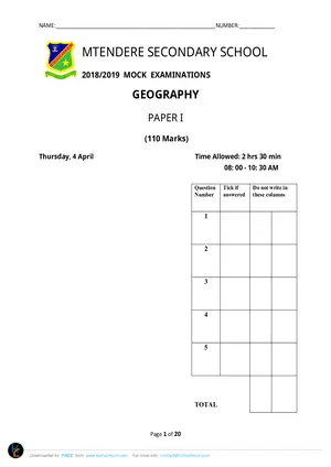 2019 Mtendere Secondary School MSCE Geography Paper I Form 4 Mock - Preview