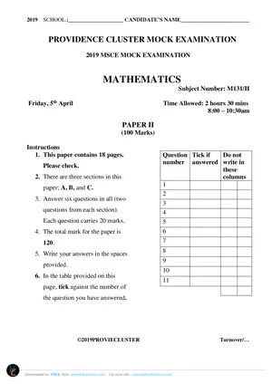 2019 Providence Cluster MSCE Mathematics Paper II - Preview