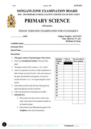 2019 Songani Standard 6 Term 1 Primary Science Past Paper - Preview