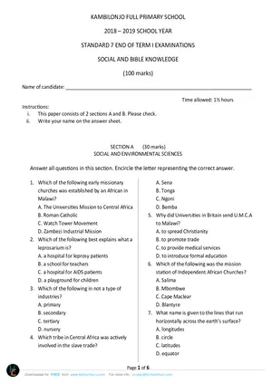 2019 Standard 7 Kambilonjo Term 1 Social and Religious Studies Past Paper - Preview