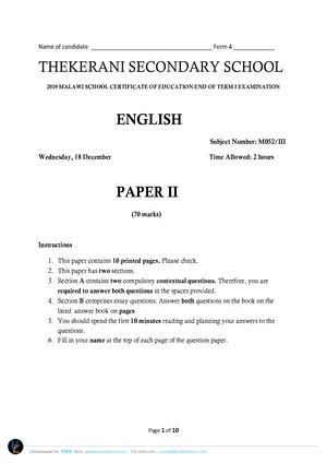 2019 Thekerani MSCE English Paper III Form 4 - Preview