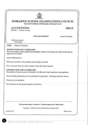 2019 ZimSEC GCE O-Level Accounts Paper 3 June - Preview