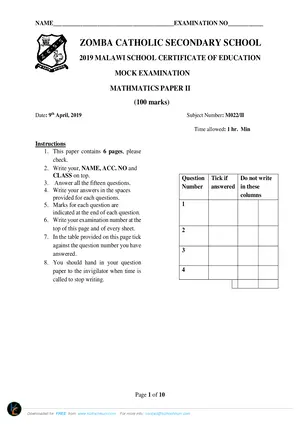 2019 Zomba Catholic MSCE Mathematics Paper II Mock - Preview