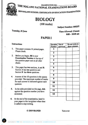 2019 MANEB MSCE Biology Paper I Past Paper - Preview