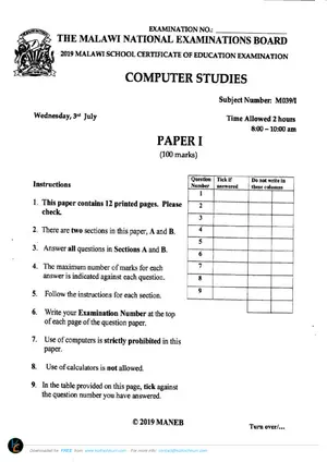 2019 MANEB MSCE Computer Studies Paper 1 (Theory) - Preview