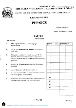 2019 MANEB MSCE Physics Sample Paper I Past Paper - Preview