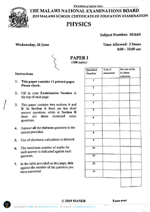 2019 MANEB MSCE Physics Paper I Past Paper - Preview