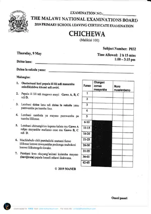 2019 MANEB PSLCE Chichewa Past Paper - Preview