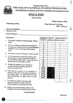 2019 MANEB PSLCE English Past Paper - Preview