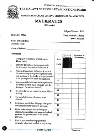 2019 MANEB PSLCE Mathematics Past Paper | Malawian 100% FREE Edu PDF ...