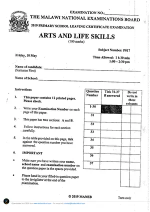 2019 PSLCE Arts and Life Skills MANEB - Preview