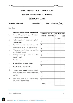 2020 Boma CDSS Form 3 Term 2 Mathematics Paper II - Preview